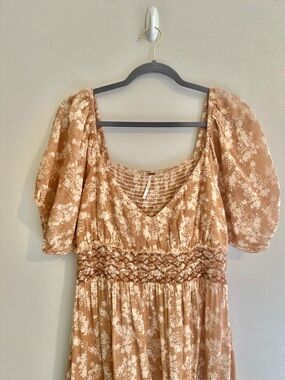 Free People Beige Floral Smocked-Waist Maxi Dress